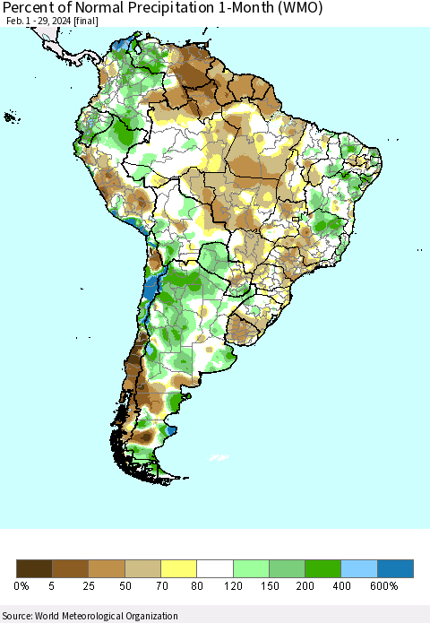 South America Percent of Normal Precipitation 1-Month (WMO) Thematic Map For 2/1/2024 - 2/29/2024