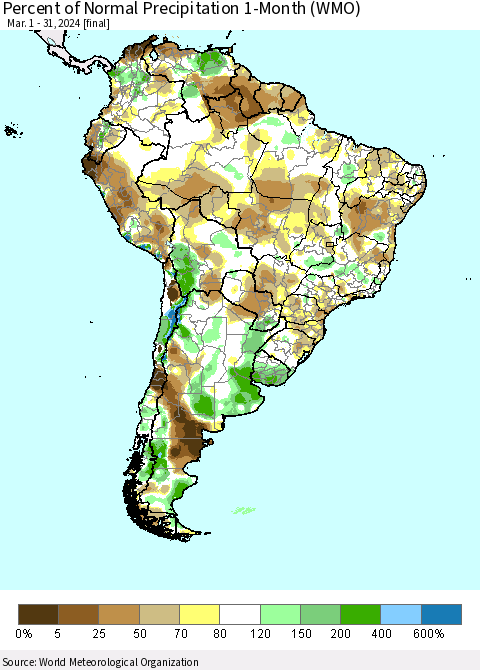South America Percent of Normal Precipitation 1-Month (WMO) Thematic Map For 3/1/2024 - 3/31/2024