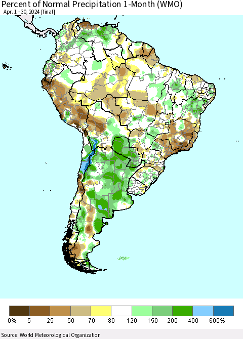 South America Percent of Normal Precipitation 1-Month (WMO) Thematic Map For 4/1/2024 - 4/30/2024