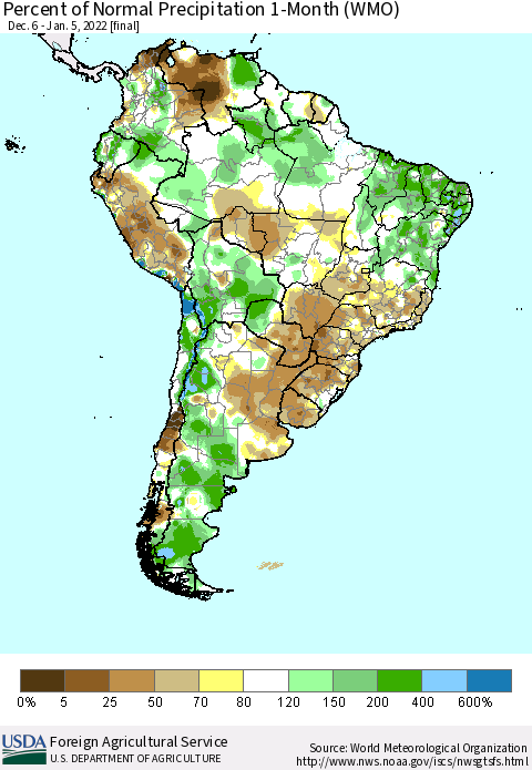 South America Percent of Normal Precipitation 1-Month (WMO) Thematic Map For 12/6/2021 - 1/5/2022