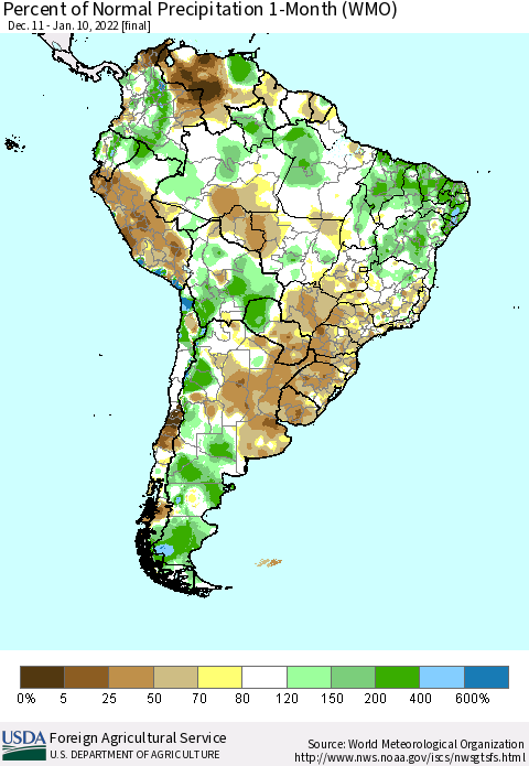 South America Percent of Normal Precipitation 1-Month (WMO) Thematic Map For 12/11/2021 - 1/10/2022
