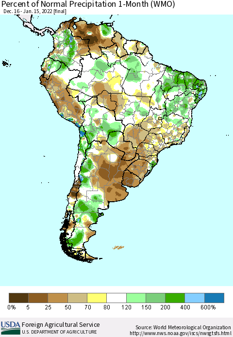South America Percent of Normal Precipitation 1-Month (WMO) Thematic Map For 12/16/2021 - 1/15/2022