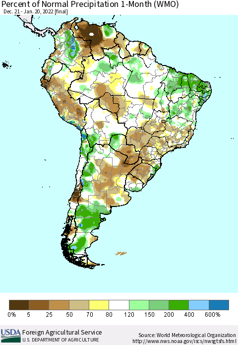 South America Percent of Normal Precipitation 1-Month (WMO) Thematic Map For 12/21/2021 - 1/20/2022