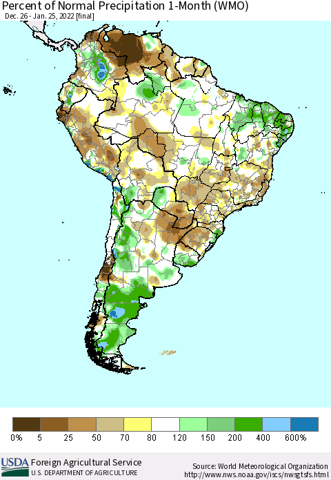 South America Percent of Normal Precipitation 1-Month (WMO) Thematic Map For 12/26/2021 - 1/25/2022
