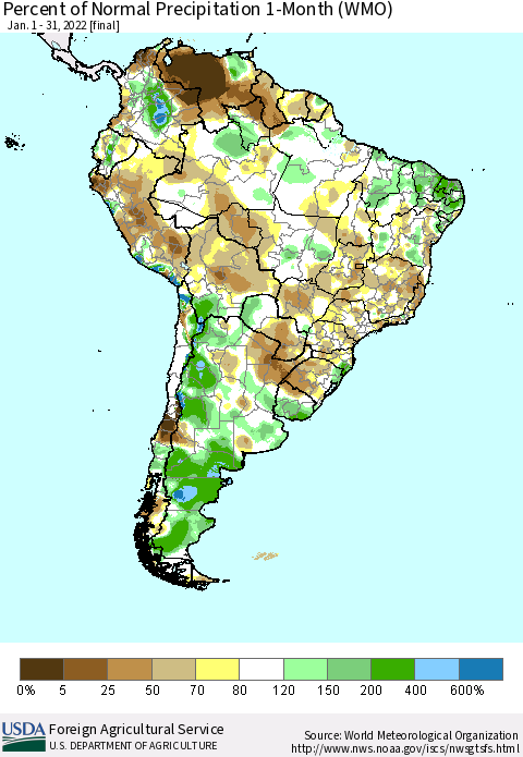 South America Percent of Normal Precipitation 1-Month (WMO) Thematic Map For 1/1/2022 - 1/31/2022
