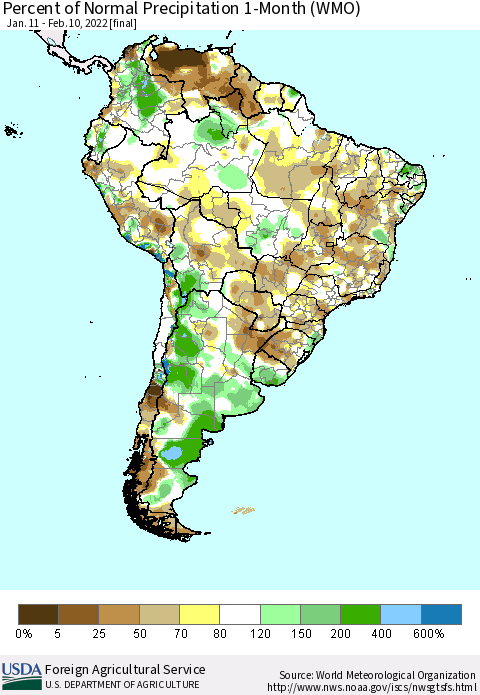 South America Percent of Normal Precipitation 1-Month (WMO) Thematic Map For 1/11/2022 - 2/10/2022