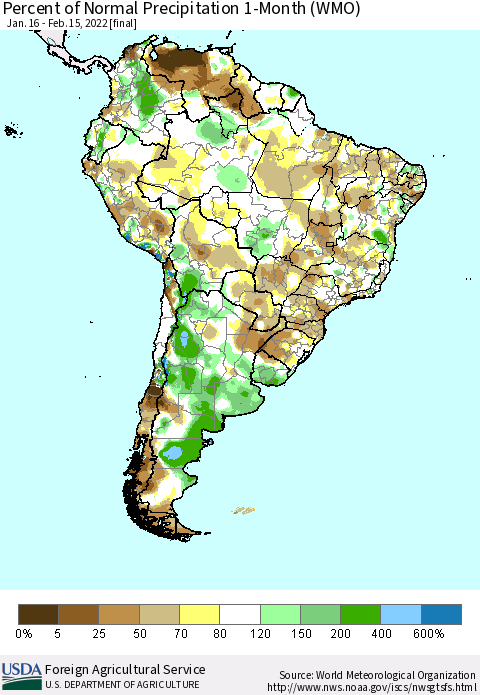 South America Percent of Normal Precipitation 1-Month (WMO) Thematic Map For 1/16/2022 - 2/15/2022