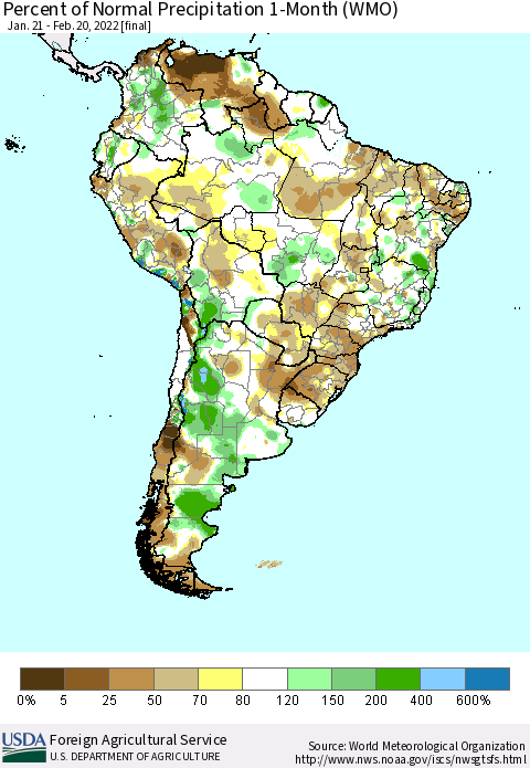 South America Percent of Normal Precipitation 1-Month (WMO) Thematic Map For 1/21/2022 - 2/20/2022