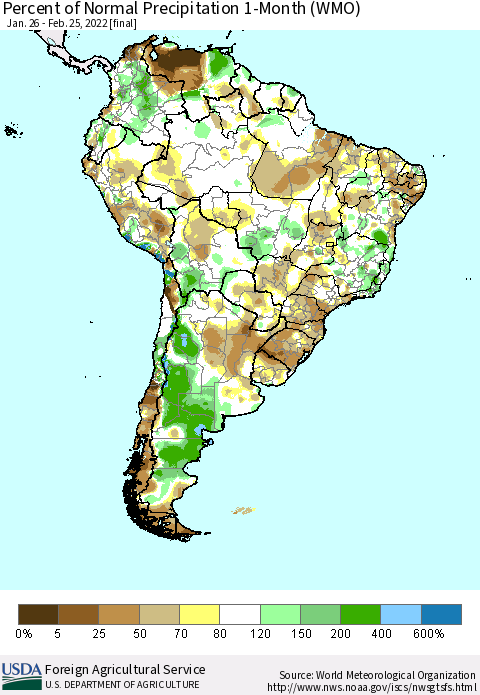 South America Percent of Normal Precipitation 1-Month (WMO) Thematic Map For 1/26/2022 - 2/25/2022