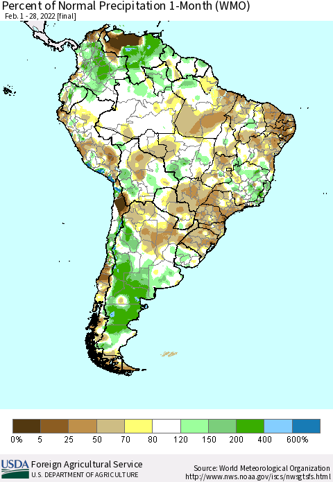 South America Percent of Normal Precipitation 1-Month (WMO) Thematic Map For 2/1/2022 - 2/28/2022