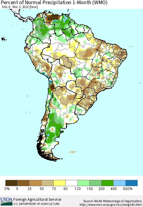 South America Percent of Normal Precipitation 1-Month (WMO) Thematic Map For 2/6/2022 - 3/5/2022