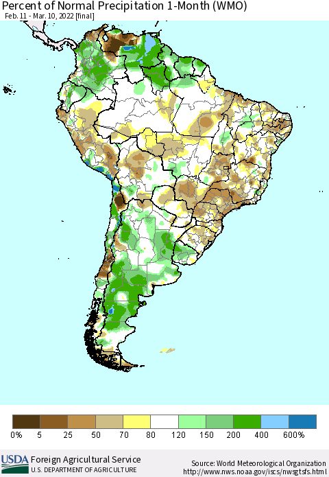South America Percent of Normal Precipitation 1-Month (WMO) Thematic Map For 2/11/2022 - 3/10/2022