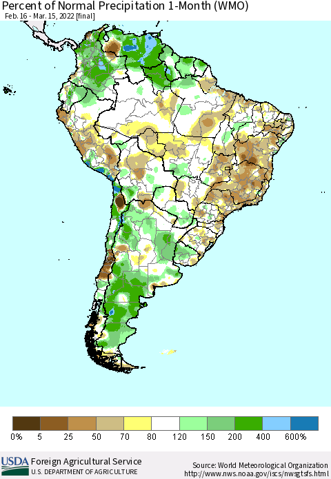 South America Percent of Normal Precipitation 1-Month (WMO) Thematic Map For 2/16/2022 - 3/15/2022