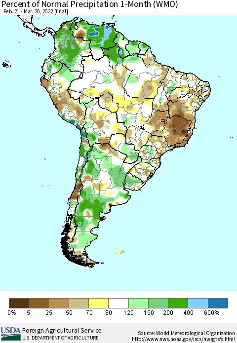 South America Percent of Normal Precipitation 1-Month (WMO) Thematic Map For 2/21/2022 - 3/20/2022