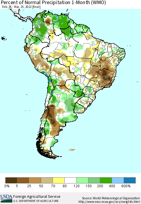 South America Percent of Normal Precipitation 1-Month (WMO) Thematic Map For 2/26/2022 - 3/25/2022