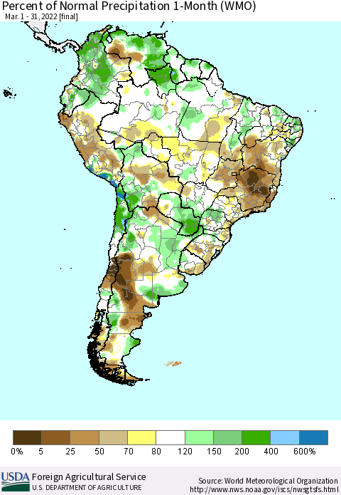 South America Percent of Normal Precipitation 1-Month (WMO) Thematic Map For 3/1/2022 - 3/31/2022