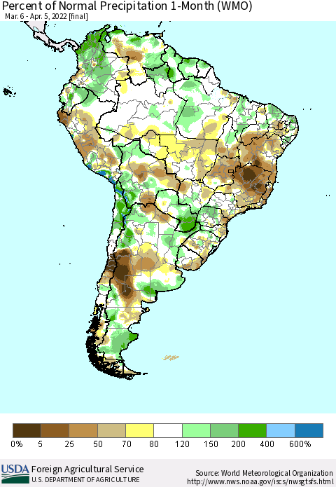 South America Percent of Normal Precipitation 1-Month (WMO) Thematic Map For 3/6/2022 - 4/5/2022