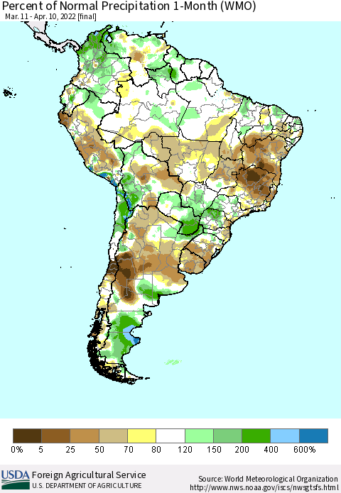South America Percent of Normal Precipitation 1-Month (WMO) Thematic Map For 3/11/2022 - 4/10/2022