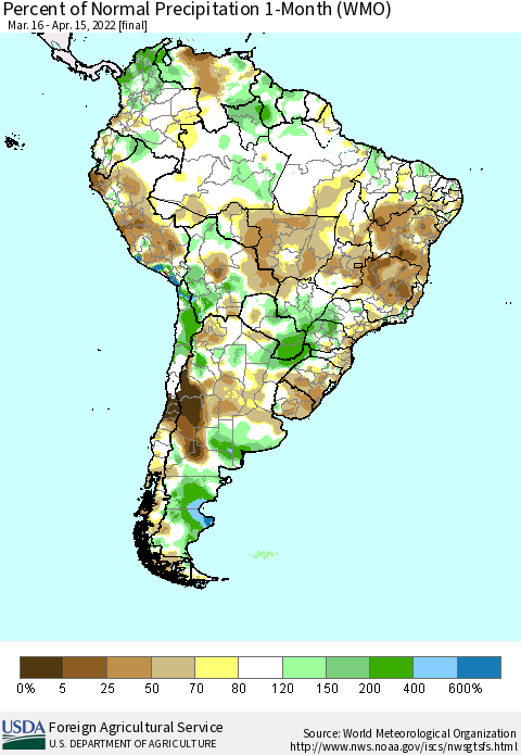 South America Percent of Normal Precipitation 1-Month (WMO) Thematic Map For 3/16/2022 - 4/15/2022