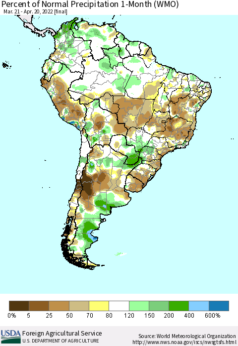 South America Percent of Normal Precipitation 1-Month (WMO) Thematic Map For 3/21/2022 - 4/20/2022