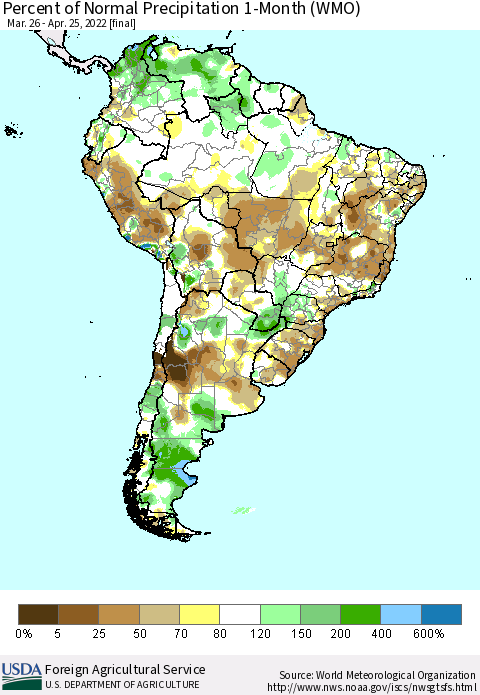 South America Percent of Normal Precipitation 1-Month (WMO) Thematic Map For 3/26/2022 - 4/25/2022
