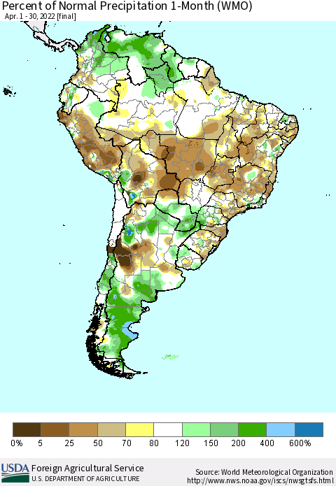 South America Percent of Normal Precipitation 1-Month (WMO) Thematic Map For 4/1/2022 - 4/30/2022