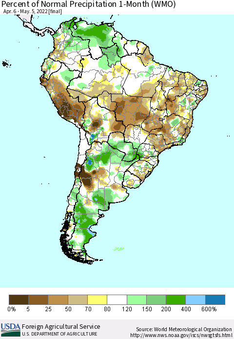 South America Percent of Normal Precipitation 1-Month (WMO) Thematic Map For 4/6/2022 - 5/5/2022