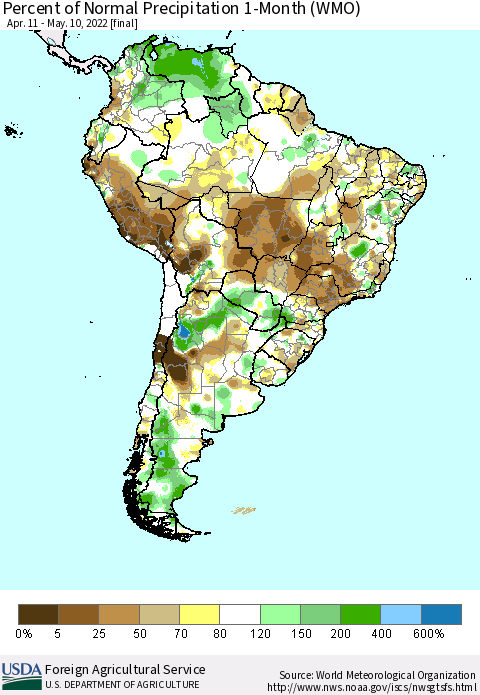 South America Percent of Normal Precipitation 1-Month (WMO) Thematic Map For 4/11/2022 - 5/10/2022