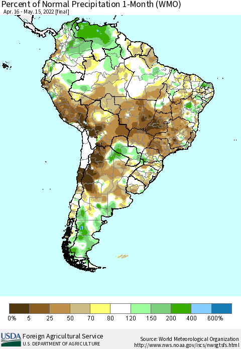 South America Percent of Normal Precipitation 1-Month (WMO) Thematic Map For 4/16/2022 - 5/15/2022