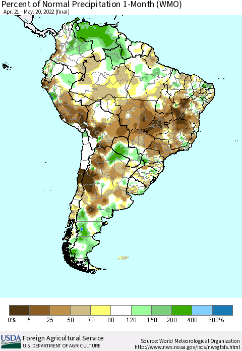 South America Percent of Normal Precipitation 1-Month (WMO) Thematic Map For 4/21/2022 - 5/20/2022