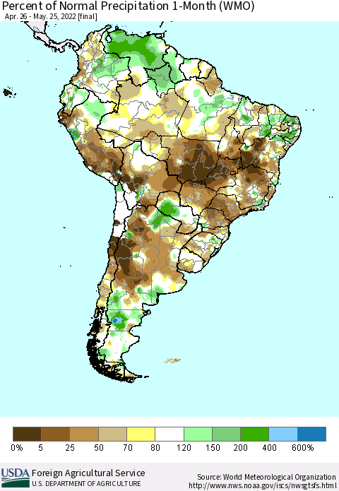 South America Percent of Normal Precipitation 1-Month (WMO) Thematic Map For 4/26/2022 - 5/25/2022