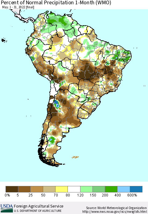 South America Percent of Normal Precipitation 1-Month (WMO) Thematic Map For 5/1/2022 - 5/31/2022