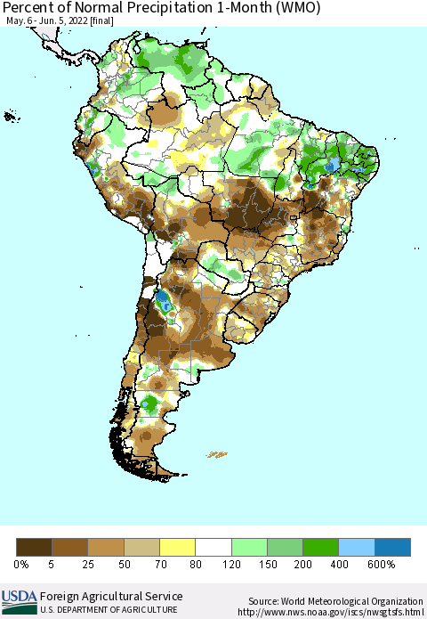South America Percent of Normal Precipitation 1-Month (WMO) Thematic Map For 5/6/2022 - 6/5/2022
