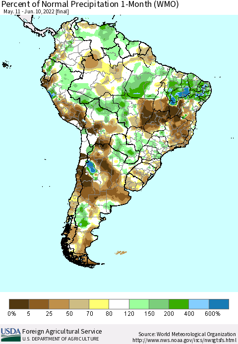 South America Percent of Normal Precipitation 1-Month (WMO) Thematic Map For 5/11/2022 - 6/10/2022