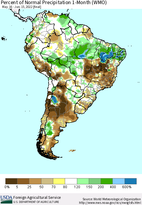 South America Percent of Normal Precipitation 1-Month (WMO) Thematic Map For 5/16/2022 - 6/15/2022