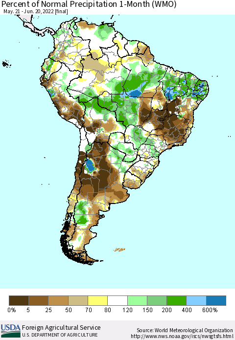 South America Percent of Normal Precipitation 1-Month (WMO) Thematic Map For 5/21/2022 - 6/20/2022