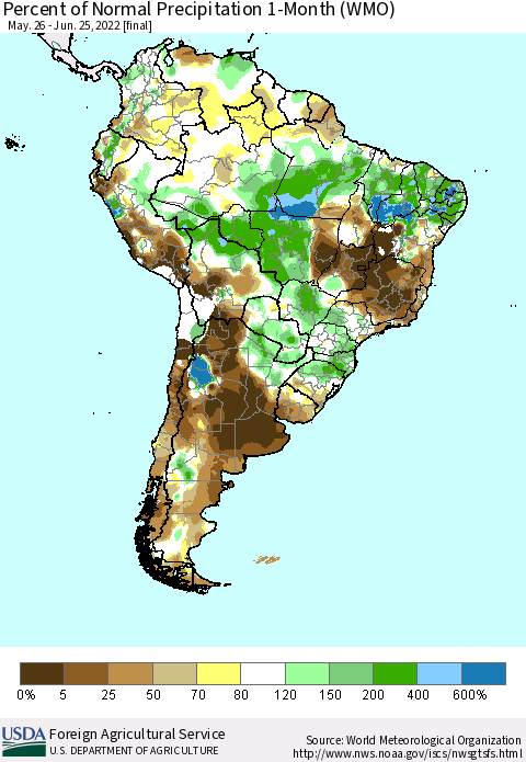 South America Percent of Normal Precipitation 1-Month (WMO) Thematic Map For 5/26/2022 - 6/25/2022