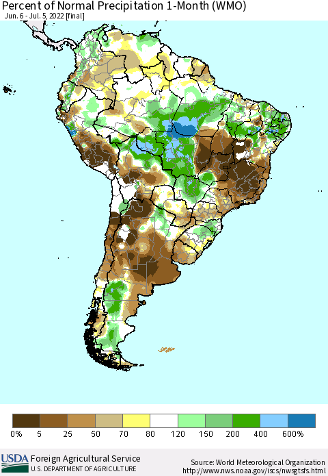 South America Percent of Normal Precipitation 1-Month (WMO) Thematic Map For 6/6/2022 - 7/5/2022