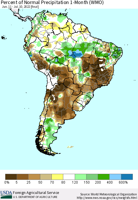 South America Percent of Normal Precipitation 1-Month (WMO) Thematic Map For 6/11/2022 - 7/10/2022
