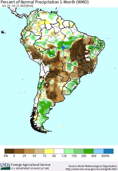 South America Percent of Normal Precipitation 1-Month (WMO) Thematic Map For 6/16/2022 - 7/15/2022