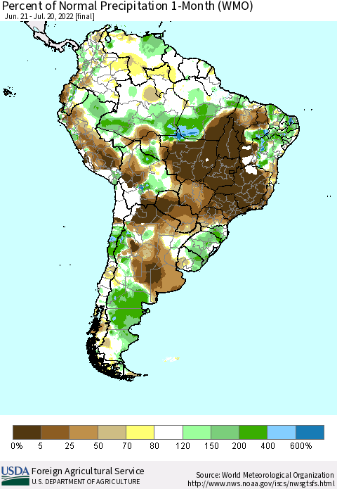 South America Percent of Normal Precipitation 1-Month (WMO) Thematic Map For 6/21/2022 - 7/20/2022