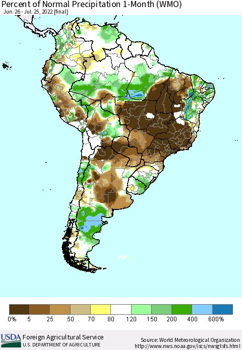 South America Percent of Normal Precipitation 1-Month (WMO) Thematic Map For 6/26/2022 - 7/25/2022