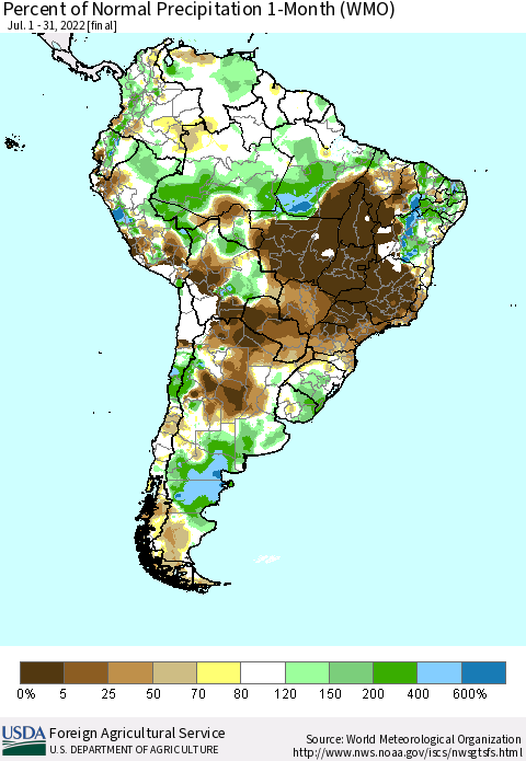 South America Percent of Normal Precipitation 1-Month (WMO) Thematic Map For 7/1/2022 - 7/31/2022