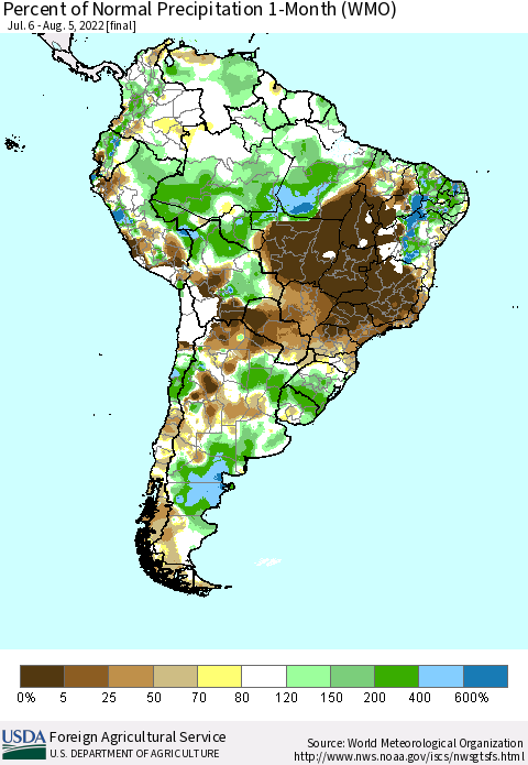 South America Percent of Normal Precipitation 1-Month (WMO) Thematic Map For 7/6/2022 - 8/5/2022