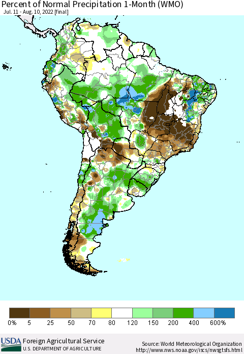 South America Percent of Normal Precipitation 1-Month (WMO) Thematic Map For 7/11/2022 - 8/10/2022