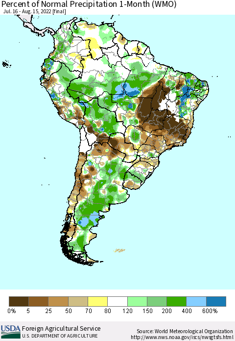 South America Percent of Normal Precipitation 1-Month (WMO) Thematic Map For 7/16/2022 - 8/15/2022