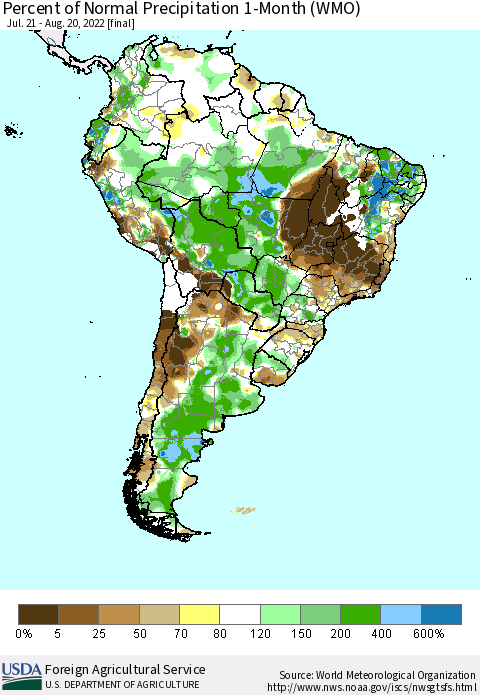 South America Percent of Normal Precipitation 1-Month (WMO) Thematic Map For 7/21/2022 - 8/20/2022