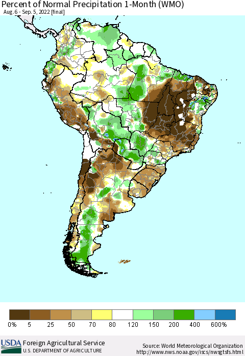 South America Percent of Normal Precipitation 1-Month (WMO) Thematic Map For 8/6/2022 - 9/5/2022