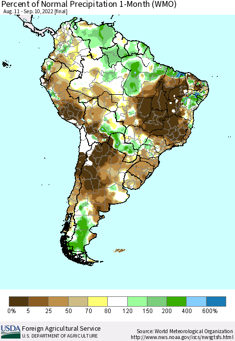South America Percent of Normal Precipitation 1-Month (WMO) Thematic Map For 8/11/2022 - 9/10/2022