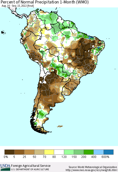 South America Percent of Normal Precipitation 1-Month (WMO) Thematic Map For 8/16/2022 - 9/15/2022